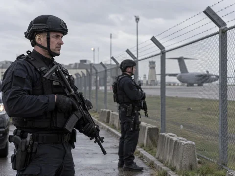 Armed police officers in tactical gear guarding the perimeter fence of an air base on an overcast morning