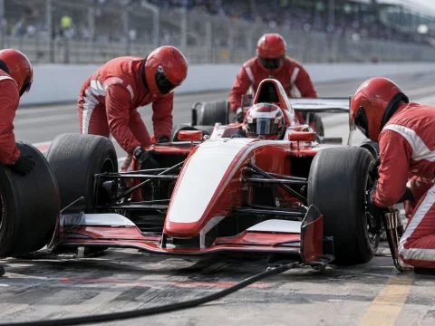 Mechanics changing tires on a race car during a fast pit stop