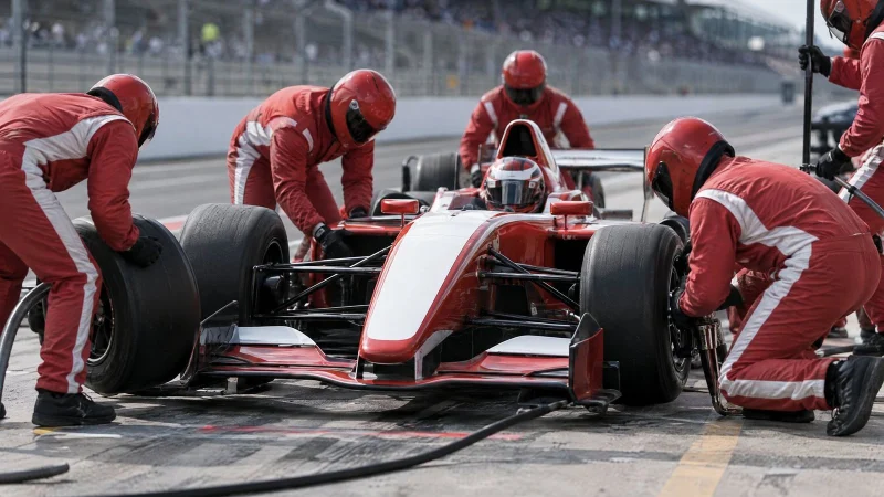 Mechanics changing tires on a race car during a fast pit stop