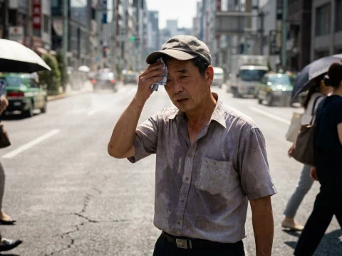 Man wiping sweat on a hot city street, heat shimmer rising from the asphalt