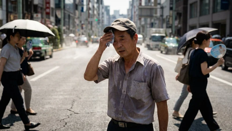 Man wiping sweat on a hot city street, heat shimmer rising from the asphalt