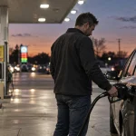 Driver refueling a car at a fuel station at dusk under glowing canopy lights