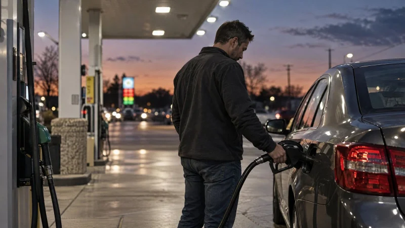 Driver refueling a car at a fuel station at dusk under glowing canopy lights
