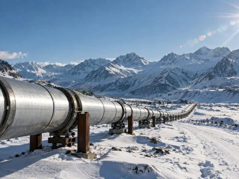 Gas pipeline crossing snow-covered mountains under a bright sun