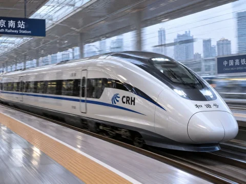 White high-speed train arriving at a modern station platform