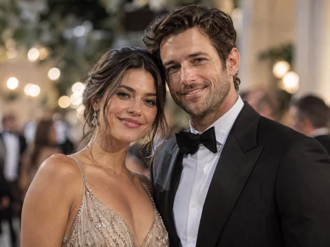 Smiling couple in elegant evening outfits at a gala, with soft blurred lights behind them