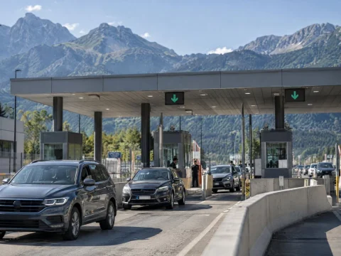 Cars passing through open lanes at a modern border checkpoint with mountains in the background