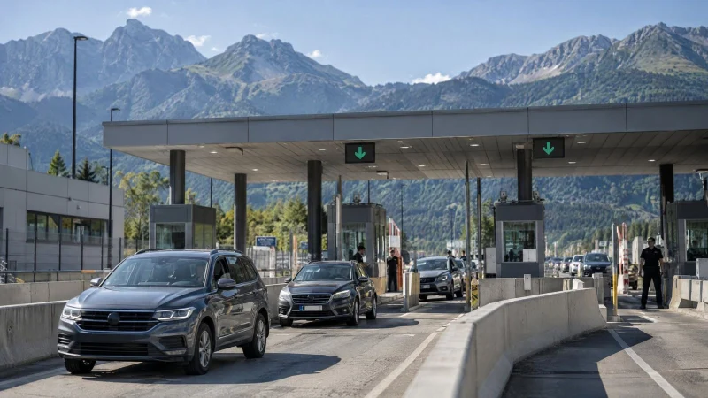 Cars passing through open lanes at a modern border checkpoint with mountains in the background