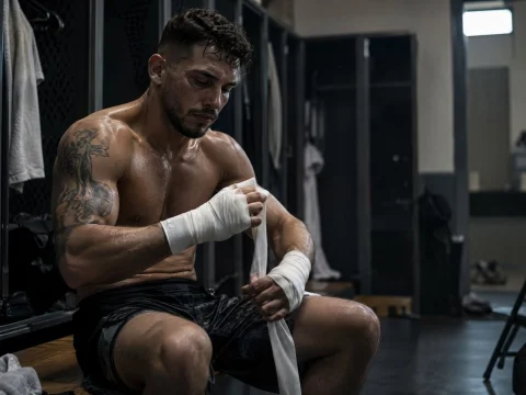Fighter wrapping his hands with tape in a dimly lit locker room, focused expression