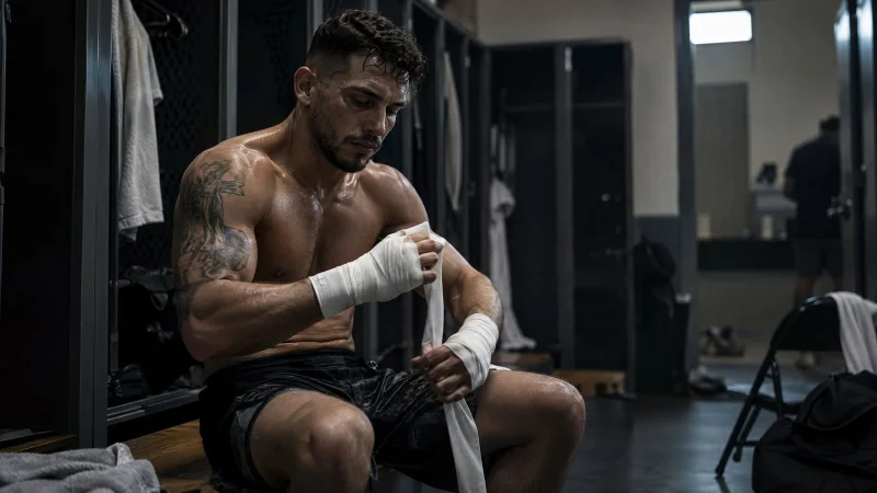 Fighter wrapping his hands with tape in a dimly lit locker room, focused expression