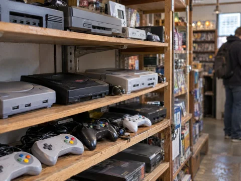 Second-hand game consoles and controllers on shelves in a small retro game shop