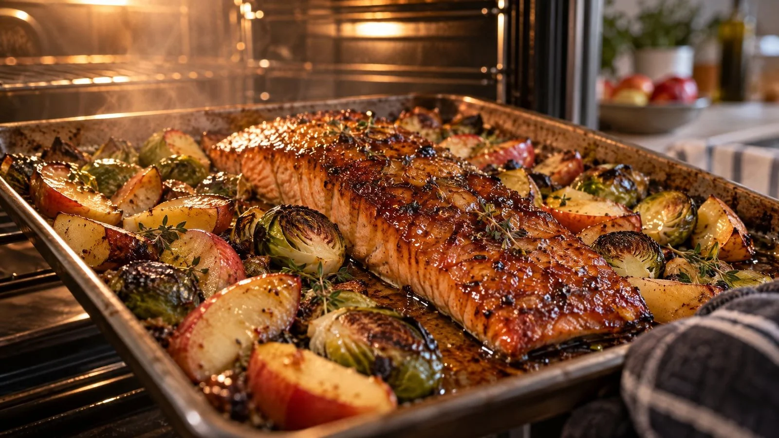 Roasted salmon fillets with Brussels sprouts and apple wedges on a baking tray