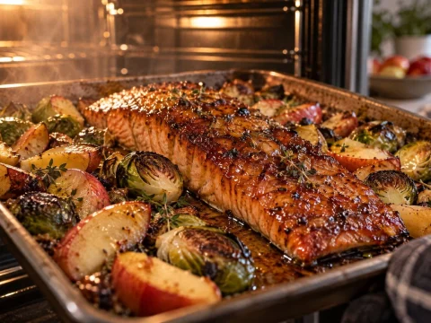 Roasted salmon fillets with Brussels sprouts and apple wedges on a baking tray