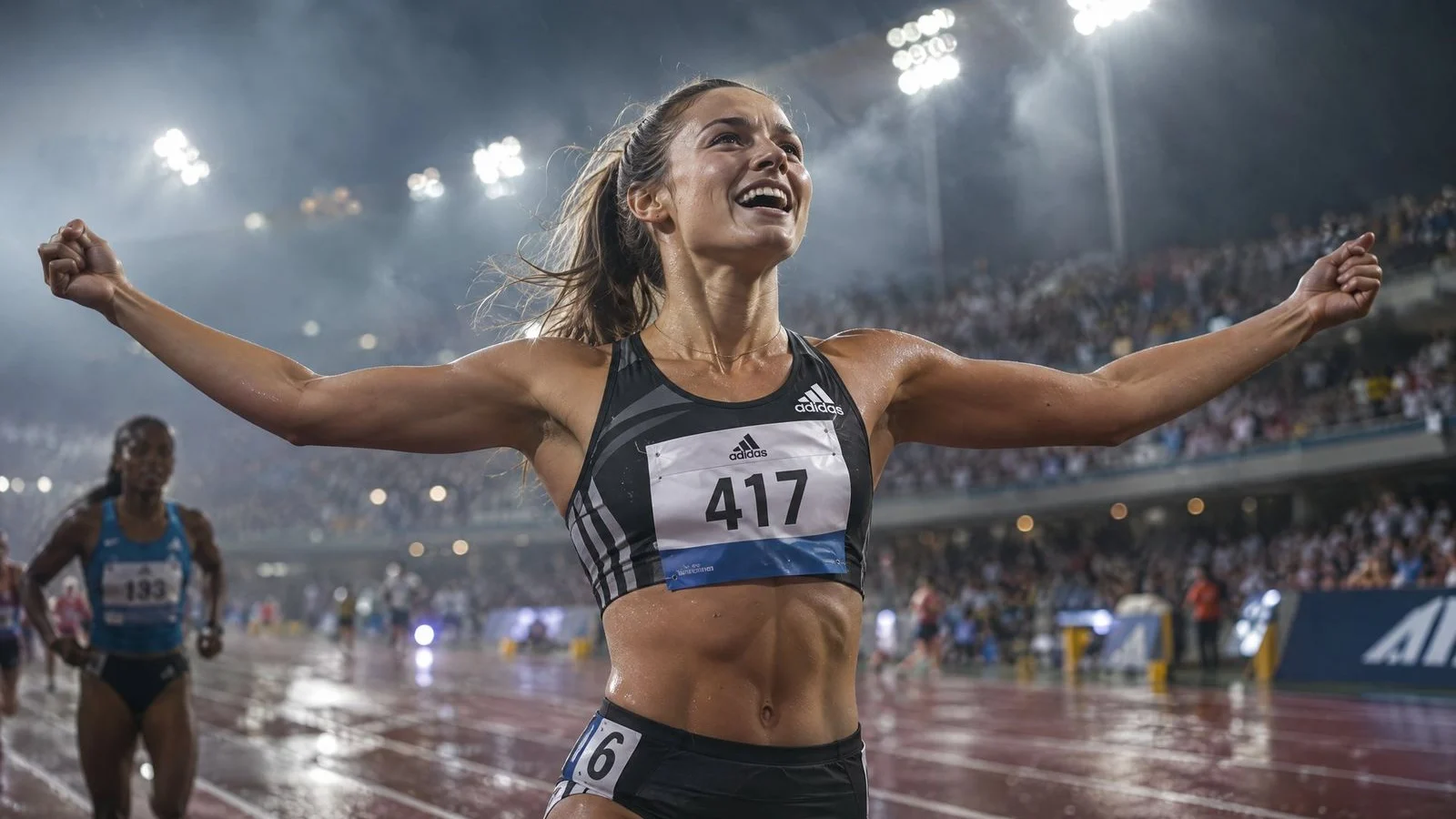 Female runner celebrating at the finish line in heavy rain under stadium lights