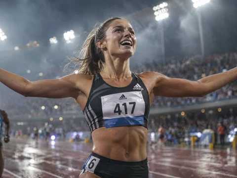 Female runner celebrating at the finish line in heavy rain under stadium lights