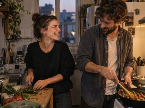 Couple laughing while cooking dinner together in a small kitchen in warm evening light