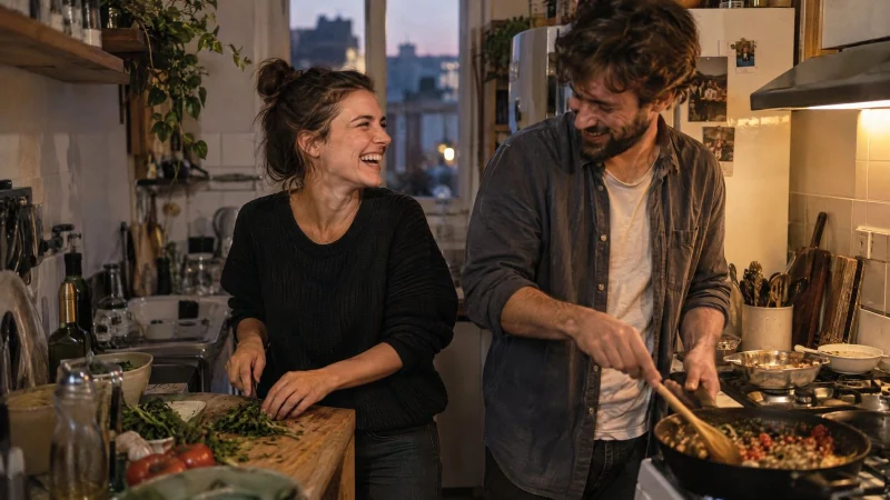 Couple laughing while cooking dinner together in a small kitchen in warm evening light