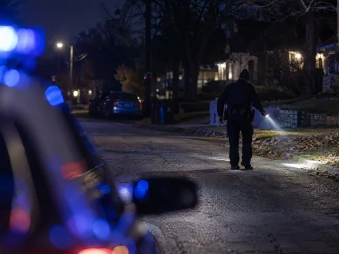 Officer holding a flashlight on a quiet residential street at night, blue police lights blurred in front