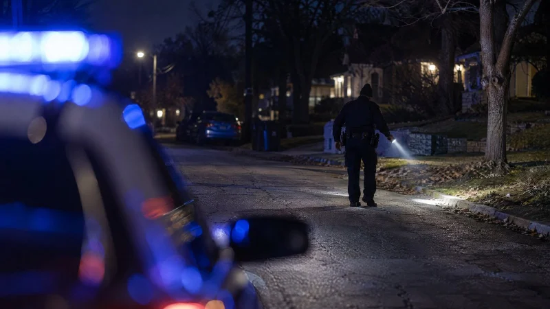 Officer holding a flashlight on a quiet residential street at night, blue police lights blurred in front