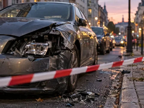 Damaged parked car with a broken headlight behind red-and-white barrier tape in the evening