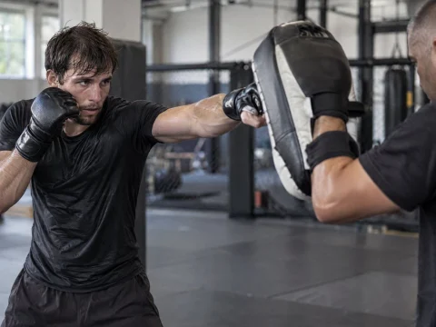 Mixed martial arts fighter striking pads held by a coach on a gym mat
