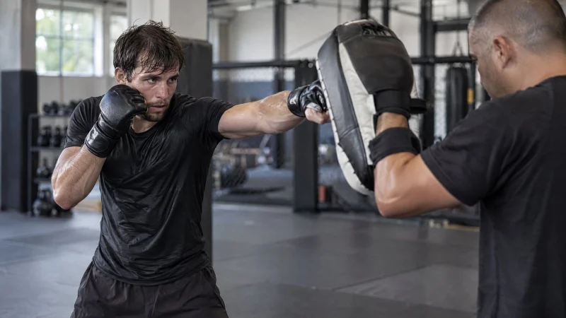 Mixed martial arts fighter striking pads held by a coach on a gym mat