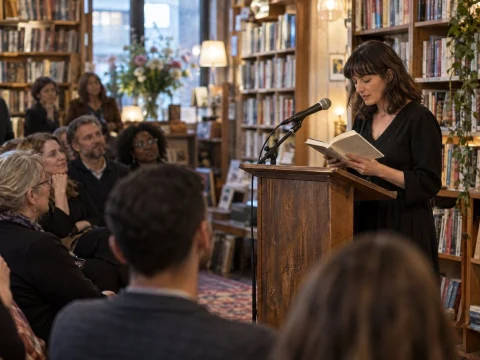Author reading from a book at a lectern in a cozy bookstore packed with listeners