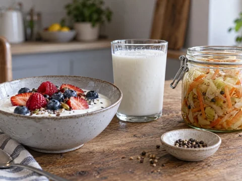 Bowl of yogurt with berries, a glass of kefir and jars of fermented vegetables on a kitchen table