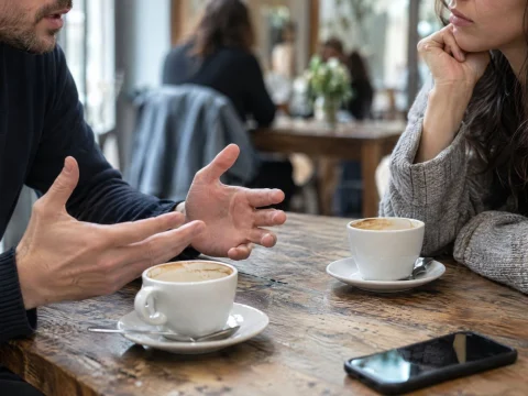 Close-up of a couple's hands on a cafe table as they talk seriously over coffee in natural light