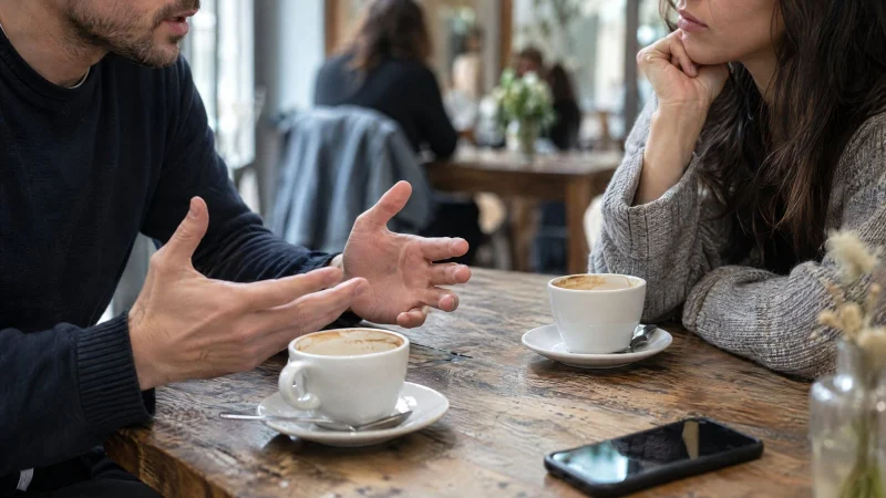 Close-up of a couple's hands on a cafe table as they talk seriously over coffee in natural light