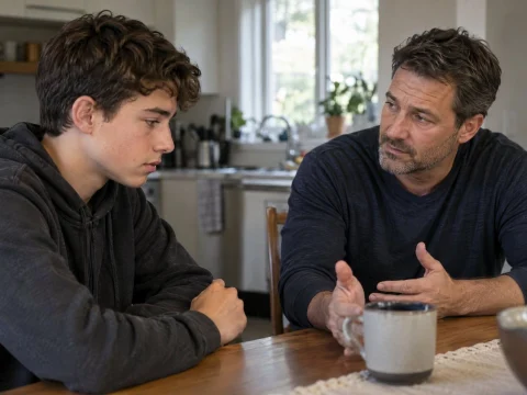 Parent and teenager talking at a kitchen table with serious but caring expressions