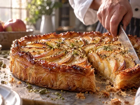 Golden apple pie being sliced on a kitchen table