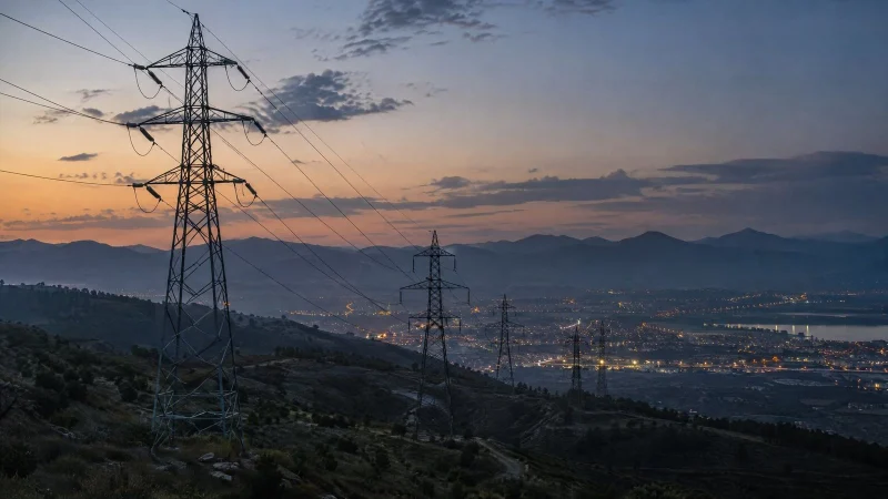 High-voltage power lines and pylons crossing a valley at dusk with city lights in the distance