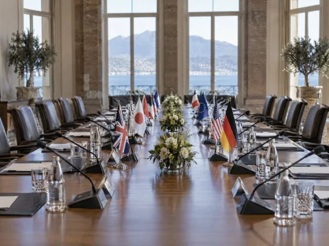 Long conference table with microphones, water glasses and flags before a summit begins
