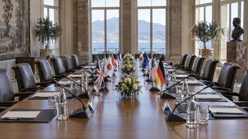 Long conference table with microphones, water glasses and flags before a summit begins