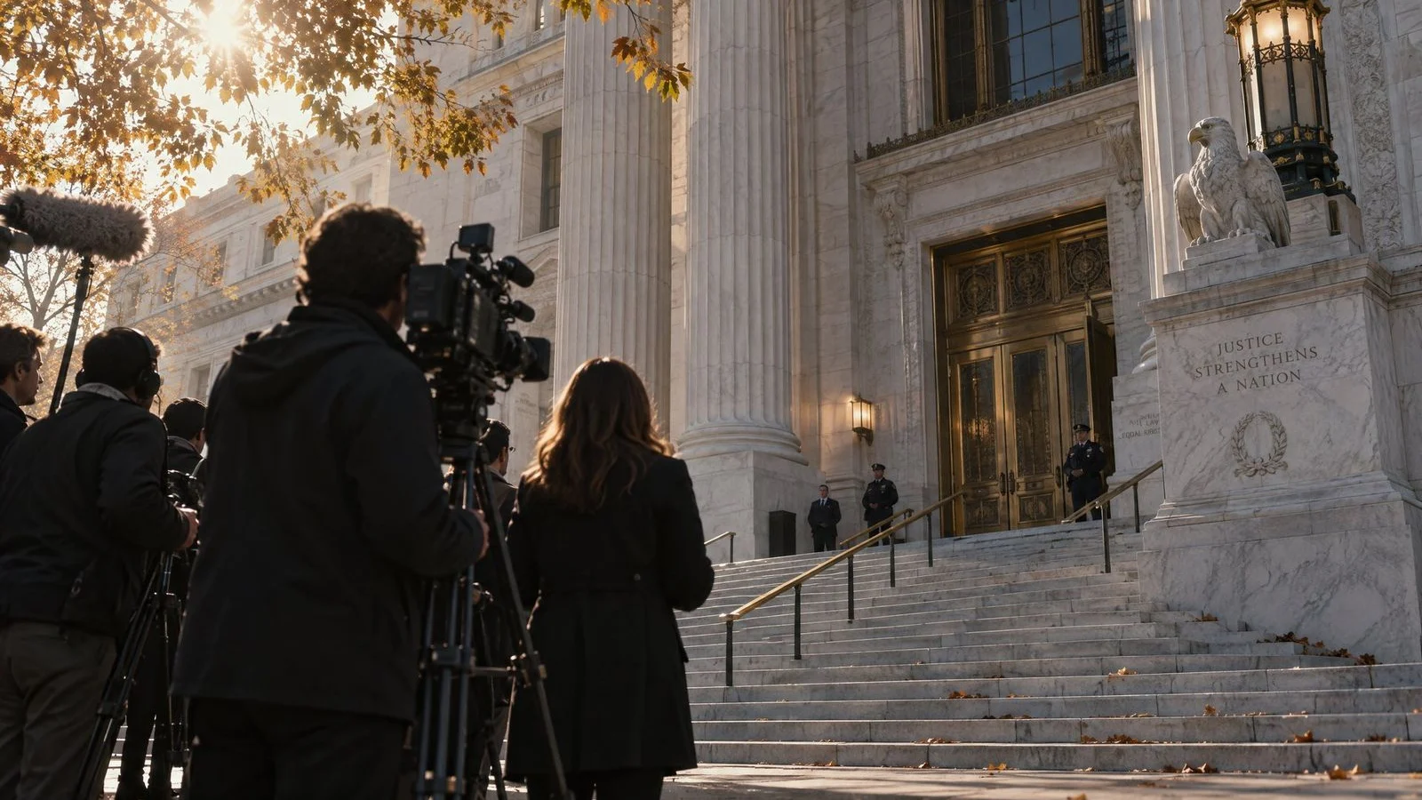 Camera crews and reporters waiting outside a government building