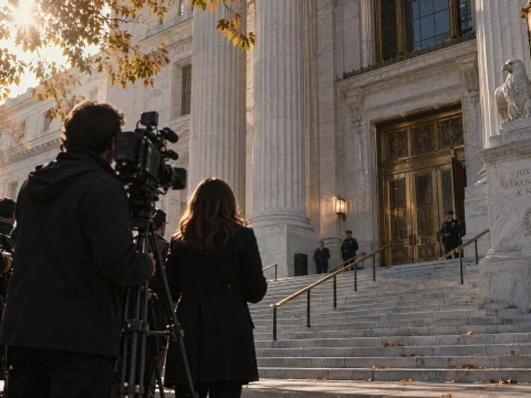 Camera crews and reporters waiting outside a government building