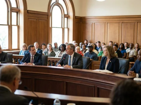 Council members seated at a curved desk in a daylit chamber, with the public gallery behind them