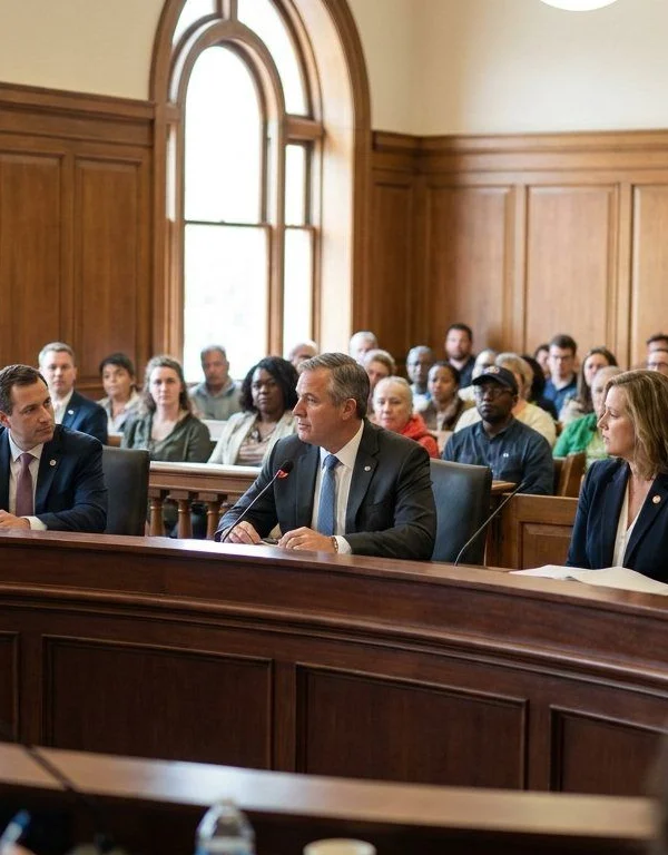 Council members seated at a curved desk in a daylit chamber, with the public gallery behind them