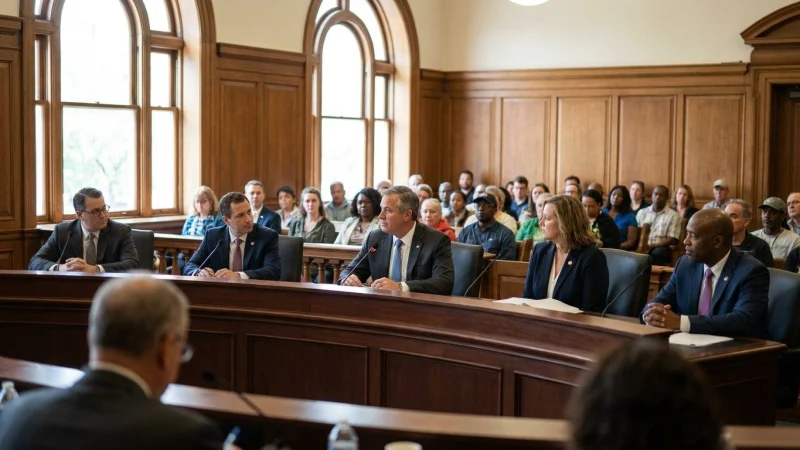 Council members seated at a curved desk in a daylit chamber, with the public gallery behind them