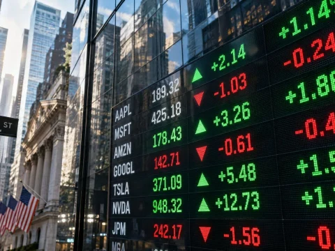Large stock ticker screen with green and red numbers above a financial street