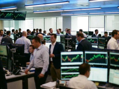 Trading floor with blurred screens showing green and red line charts and traders in cool blue light