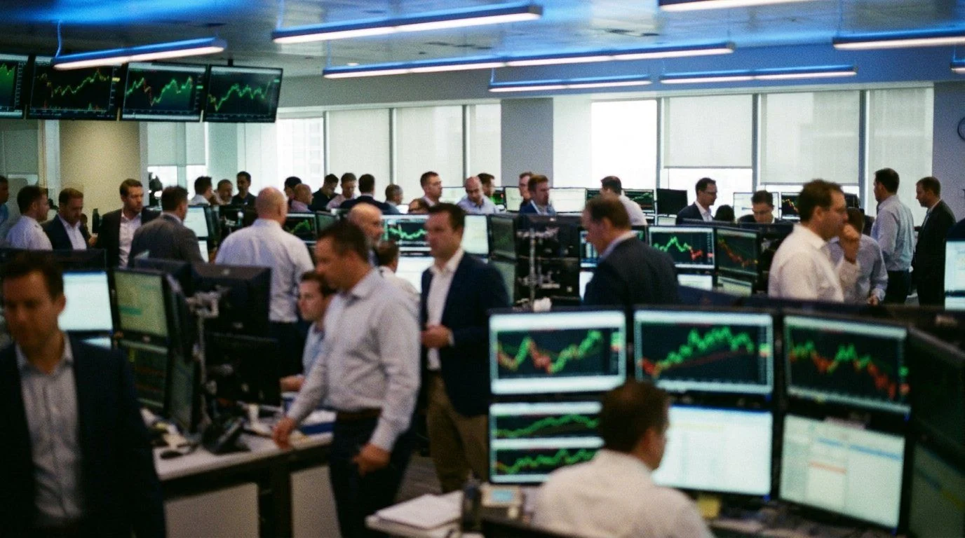 Trading floor with blurred screens showing green and red line charts and traders in cool blue light