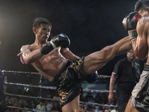 Kickboxer throwing a high kick in a ring under dramatic side lighting