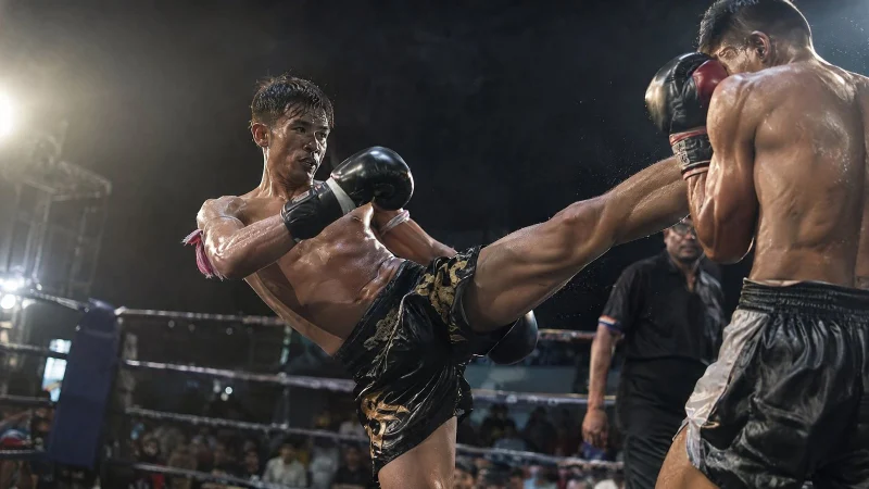 Kickboxer throwing a high kick in a ring under dramatic side lighting