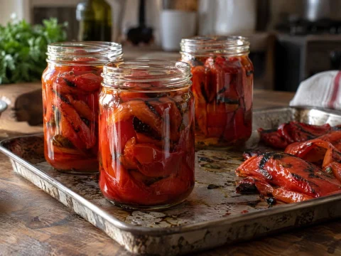 Roasted red peppers in glass jars and on a baking tray in a rustic kitchen