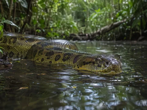 Large anaconda partly submerged in a dark rainforest river surrounded by green vegetation