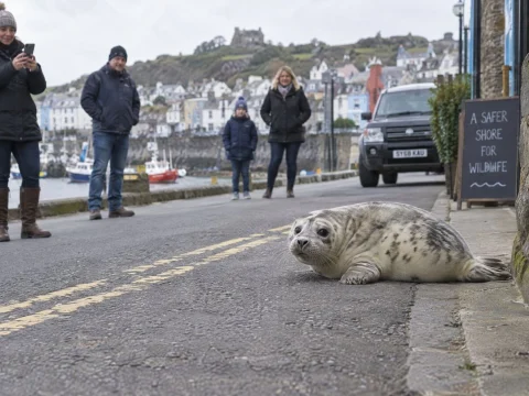 Young seal lying on a harbor street while people watch from a distance