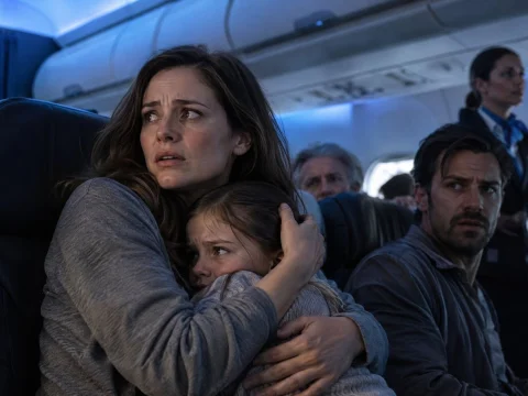 Frightened mother holding her child in an airplane seat during turbulence