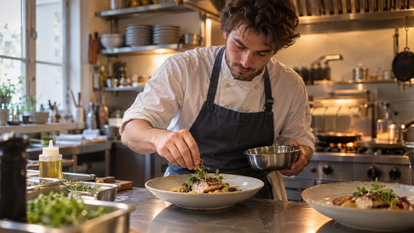 Young chef in an apron plating a dish in a small family restaurant kitchen